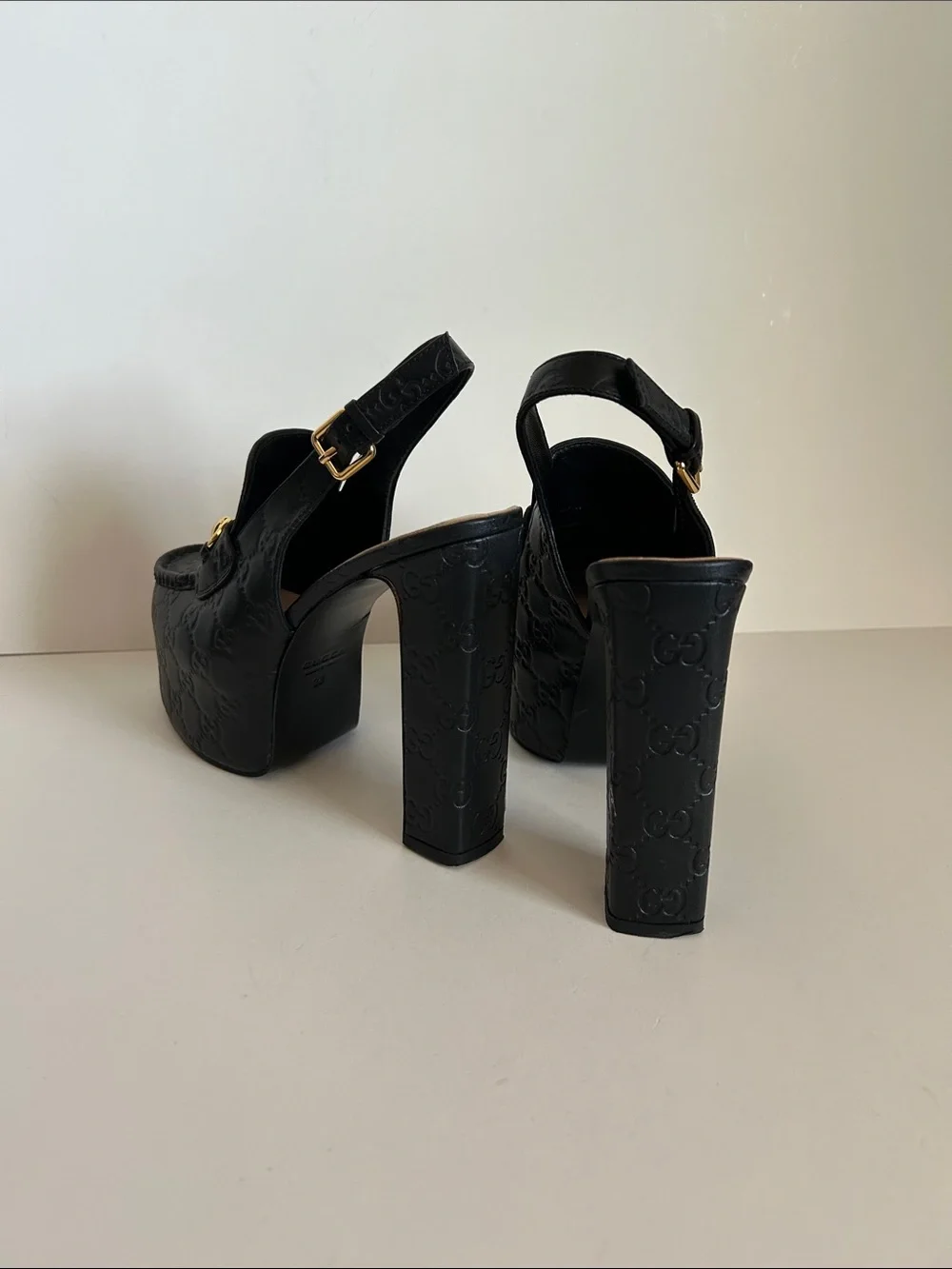 Gucci Black Leather Embossed Horsebit Slingback PLATFORMS